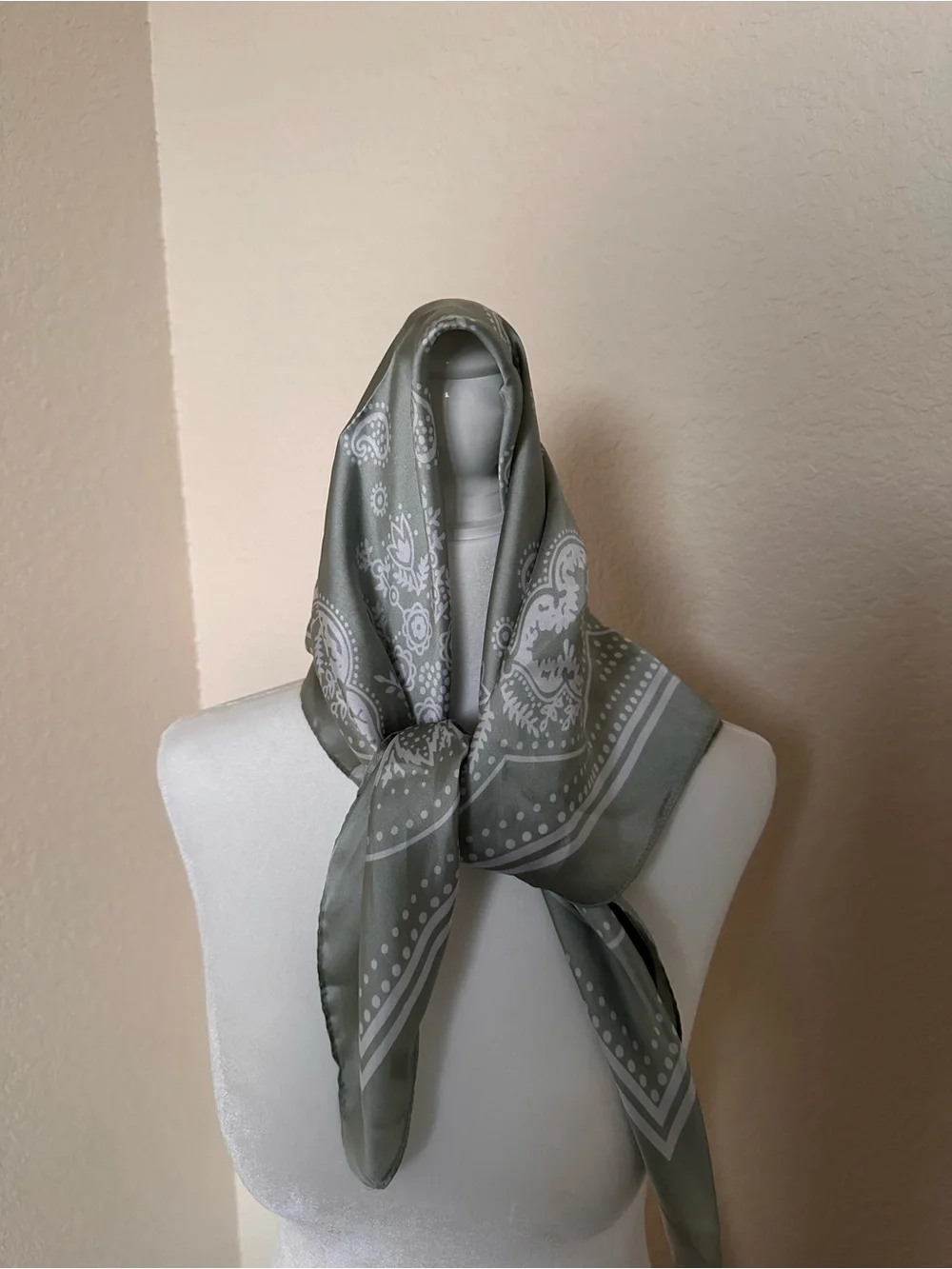 Sage Green Paisley Print Satin Square Scarf Bandana Boho Grandma Core